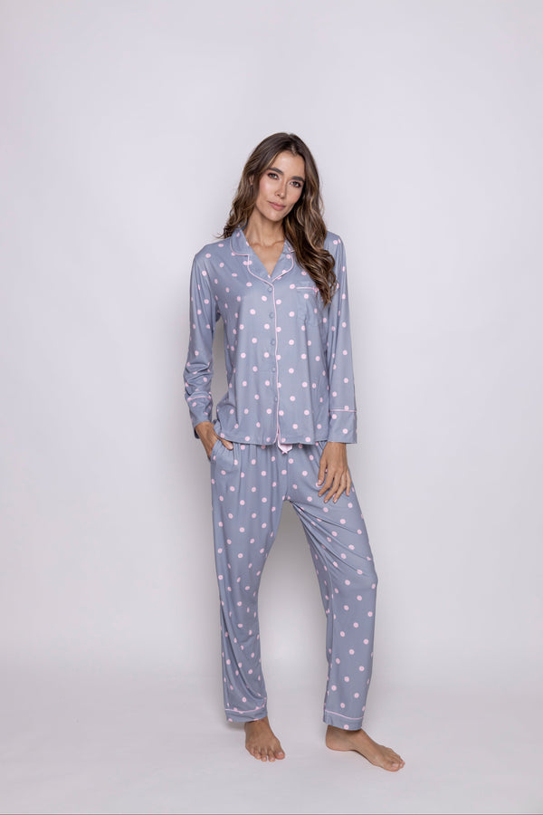 Conjunto pantalón gris bolas rosas