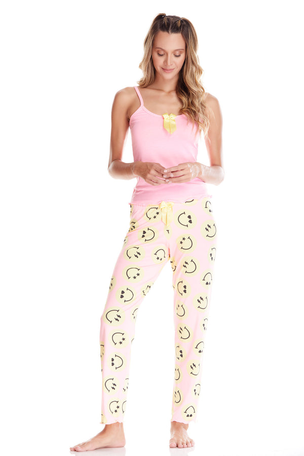 Conjunto pantalón rosado caritas vibras camisa rosada