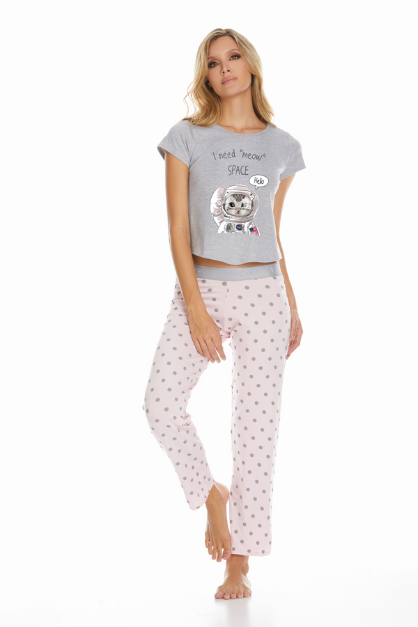 Conjunto pantalón elástico rosado bolas gris camiseta meow space