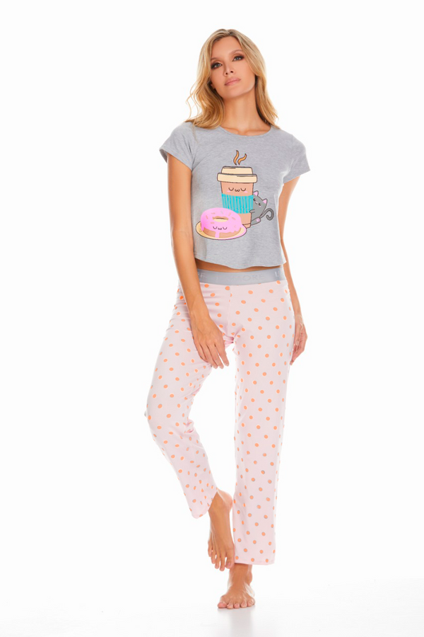 Conjunto pantalón elástico rosado bolas naranja camisa manga gris coffe-cat