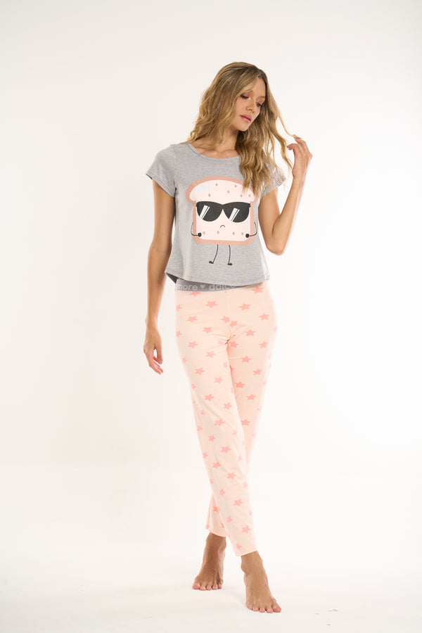 Conjunto pantalón melón estrellas camiseta gris tostada