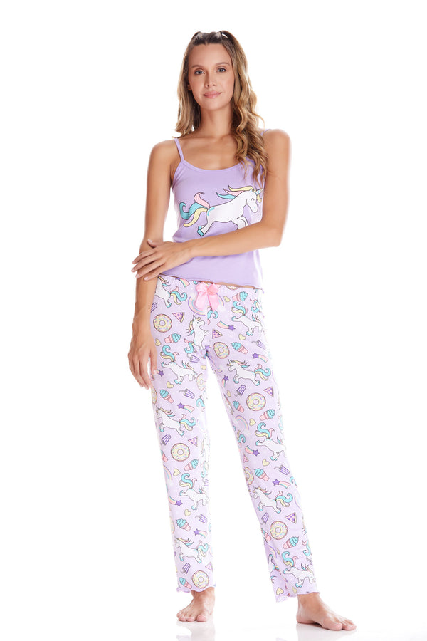 Conjunto pantalón lila unicornio camisa lila estampada