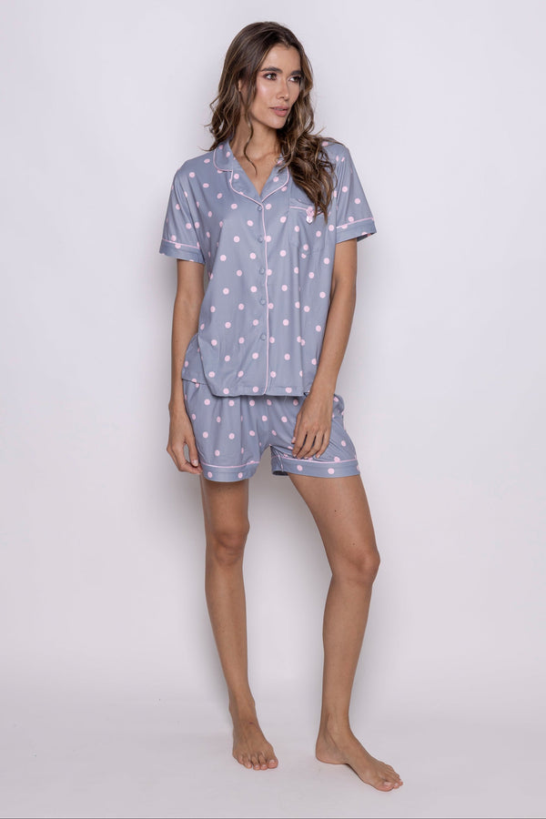 Conjunto short gris bolas rosas