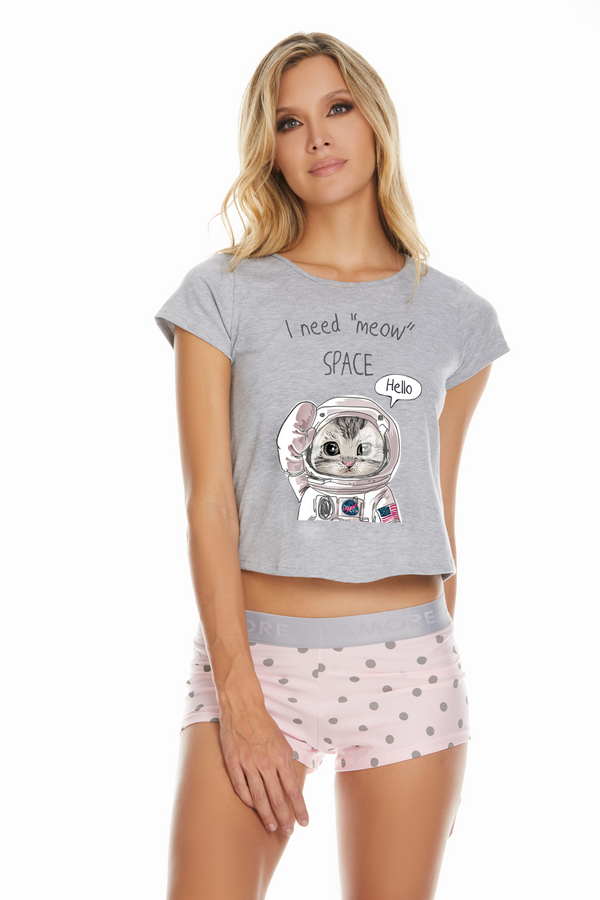 Conjunto short elástico rosado bolas grises camiseta gris meow space