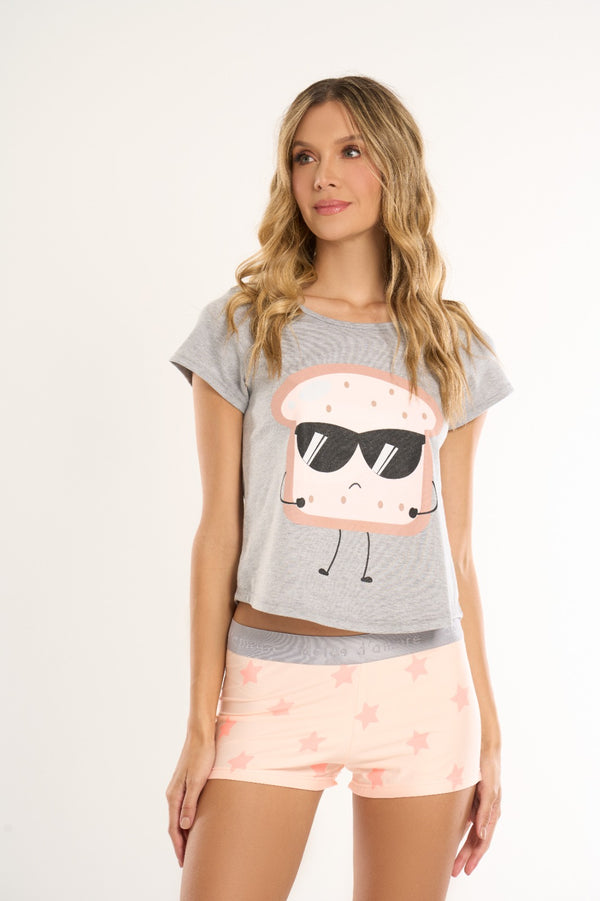 Conjunto short elástico melón estrellas camiseta gris tostada