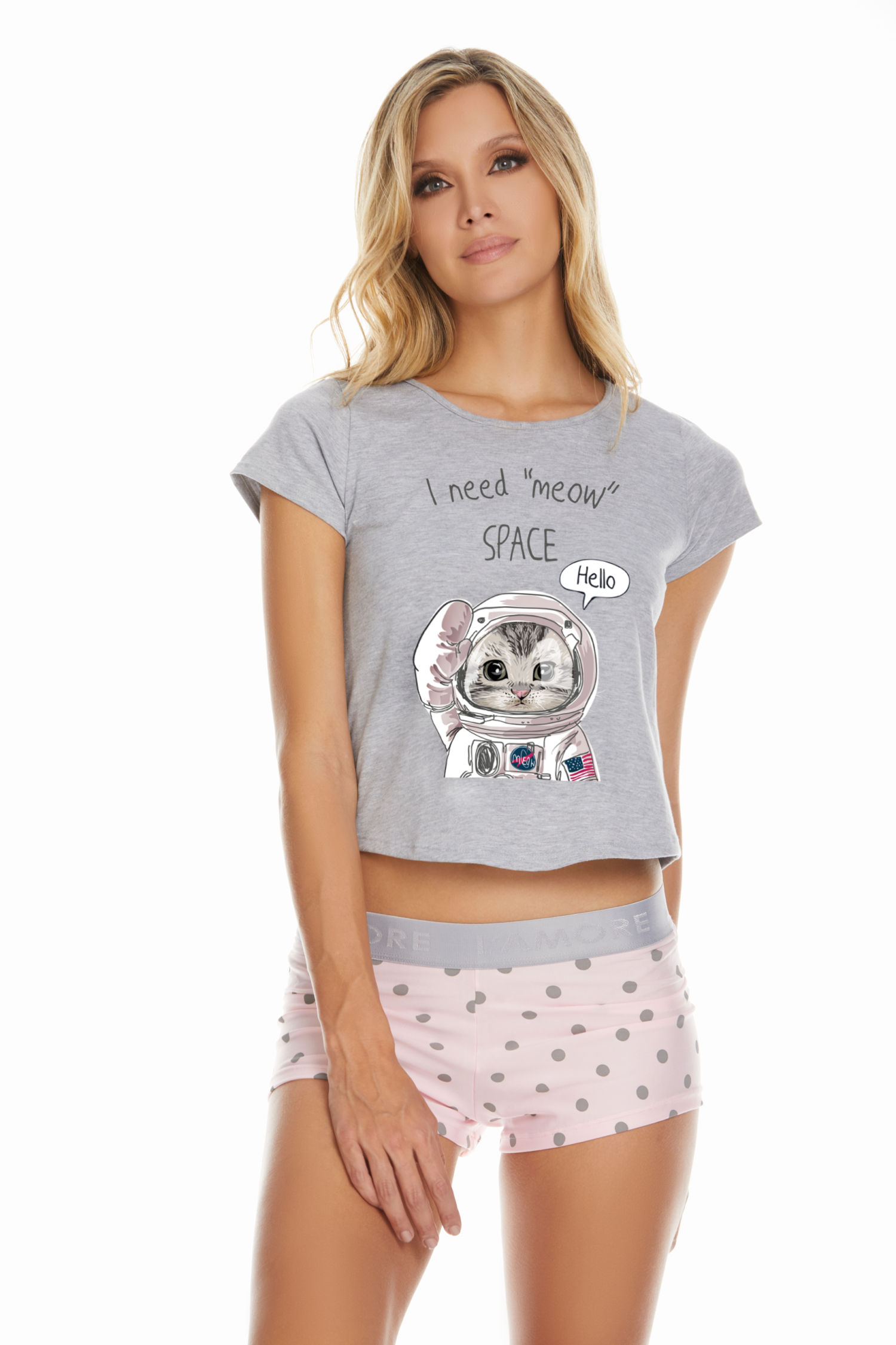 Imagen del producto: Conjunto short con pretina elástico rosado bolas grises camisa gris estampada meow space