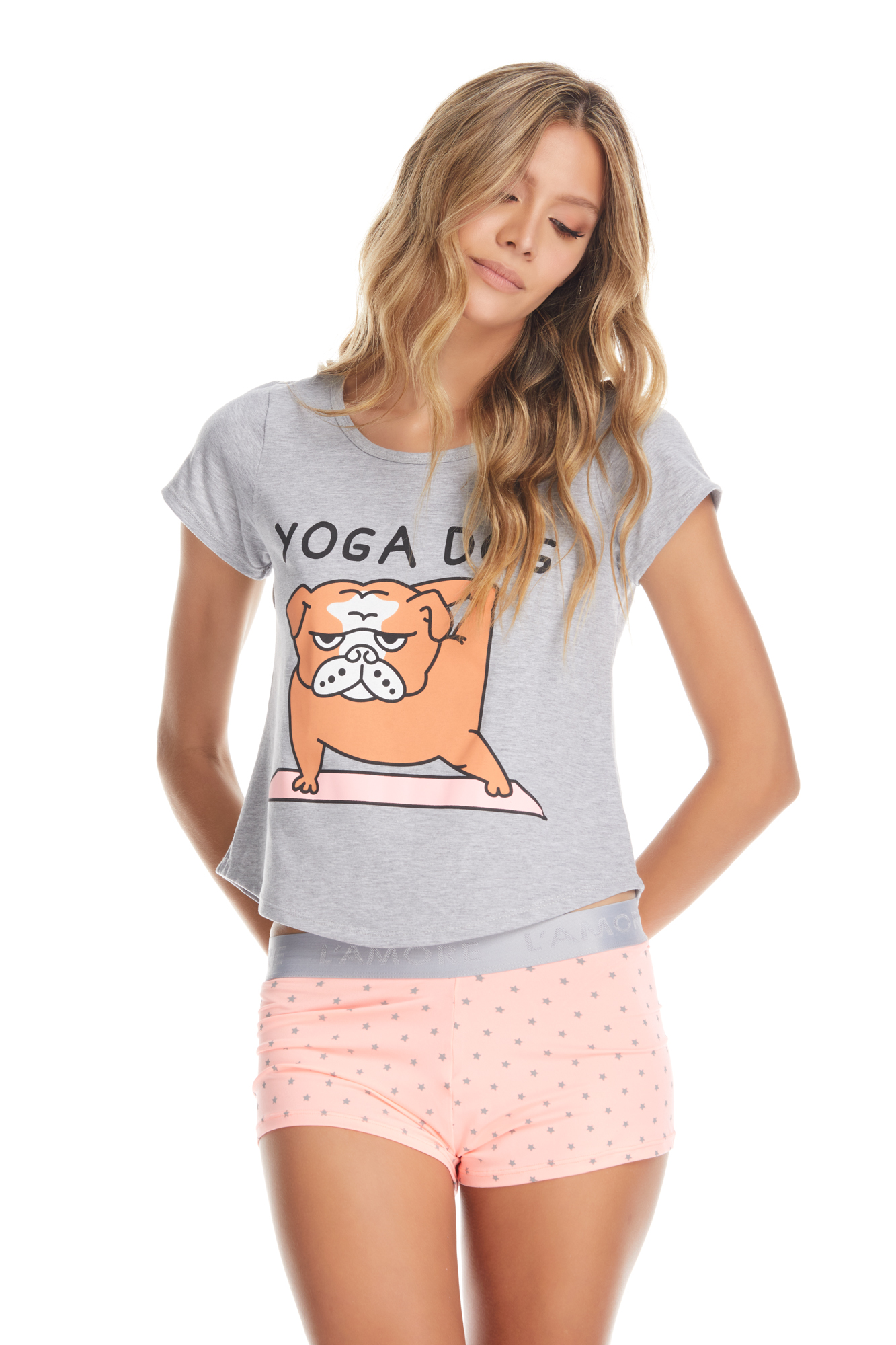 Imagen del producto: Conjunto short con pretina elástica naranja estrellas grises camisa estampada gris yoga dog
