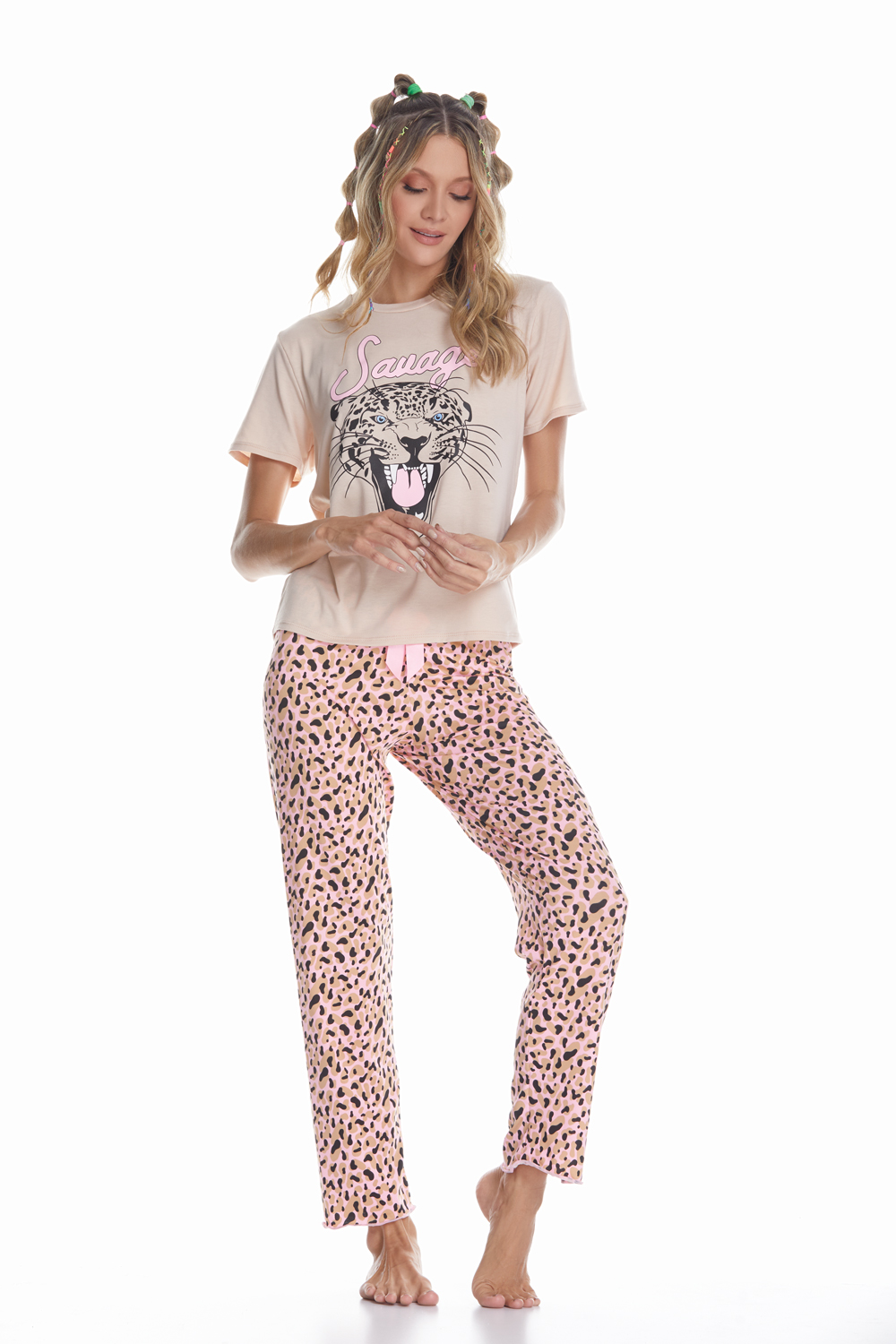 Imagen del producto: Conjunto pantalón savage rosado animal print negro y café camisa nude Savage