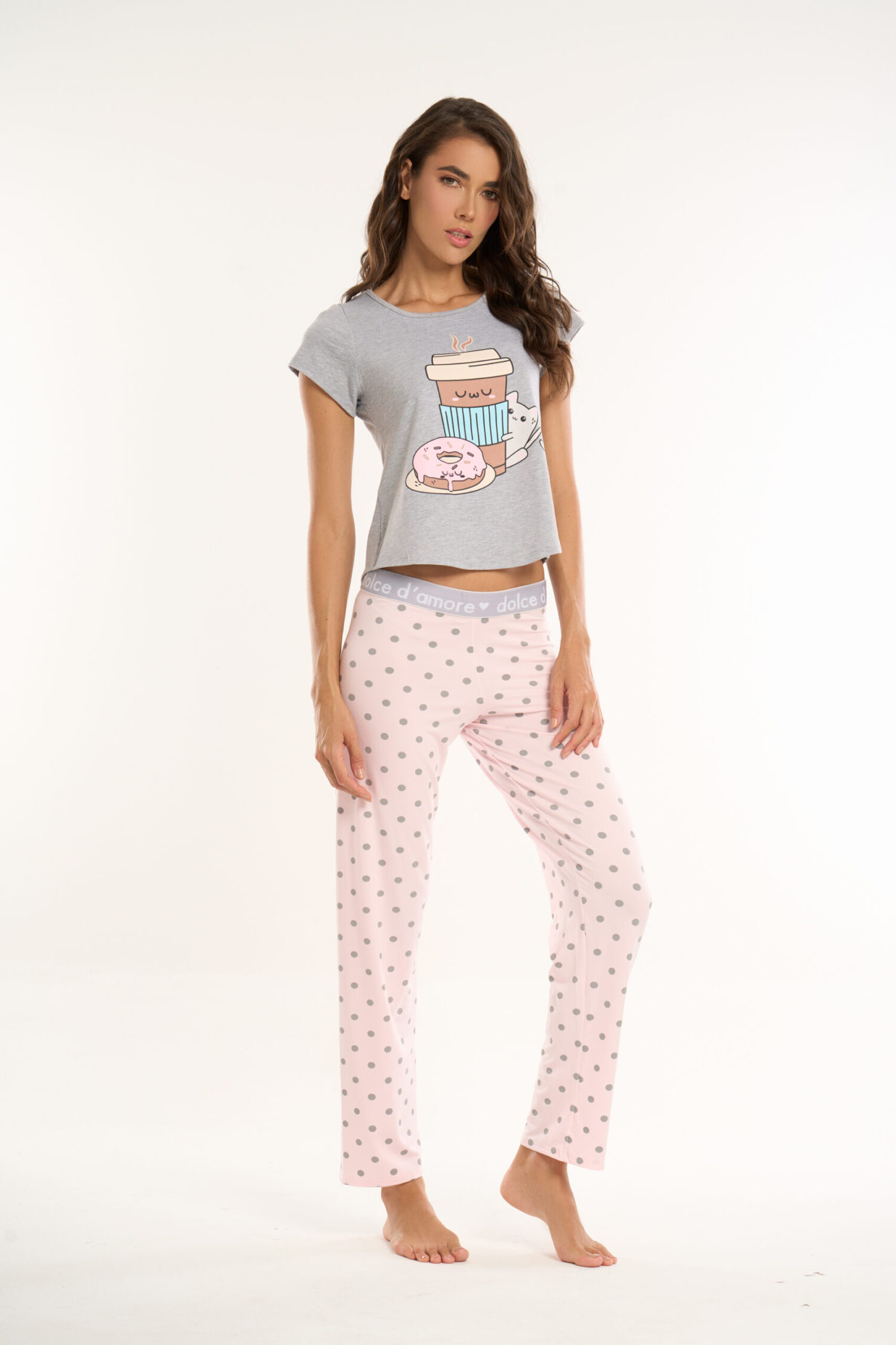 Imagen del producto: Conjunto pantalón elástico rosado bolas gris camisa manga gris coffe-cat