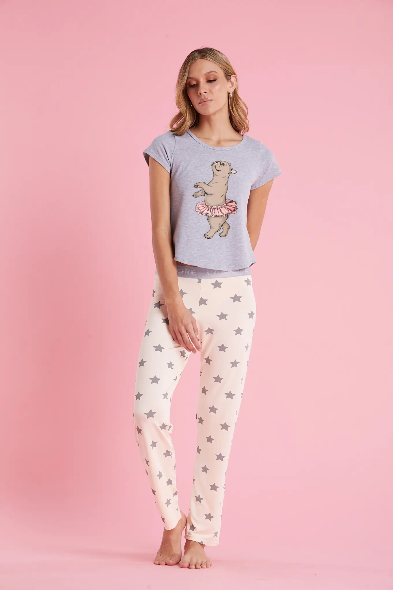 Imagen del producto: Pantalón elástico melon estrellas gris camiseta gris perrito